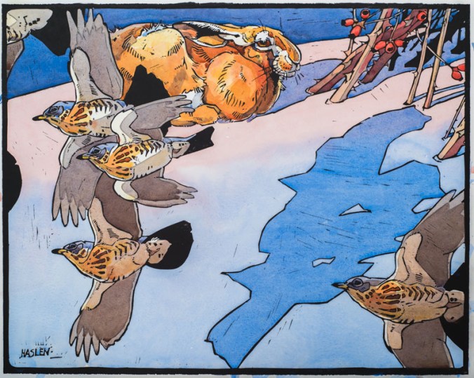 Winter Hare and Fieldfares